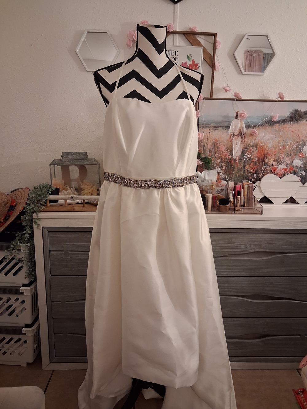 David’s Bridal Mikado High-Low Wedding Dress with Crystal Belt – Size 20W (NWT)